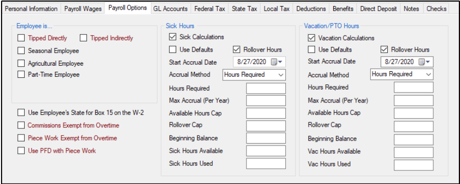 Employee Setup screen > Payroll options tab